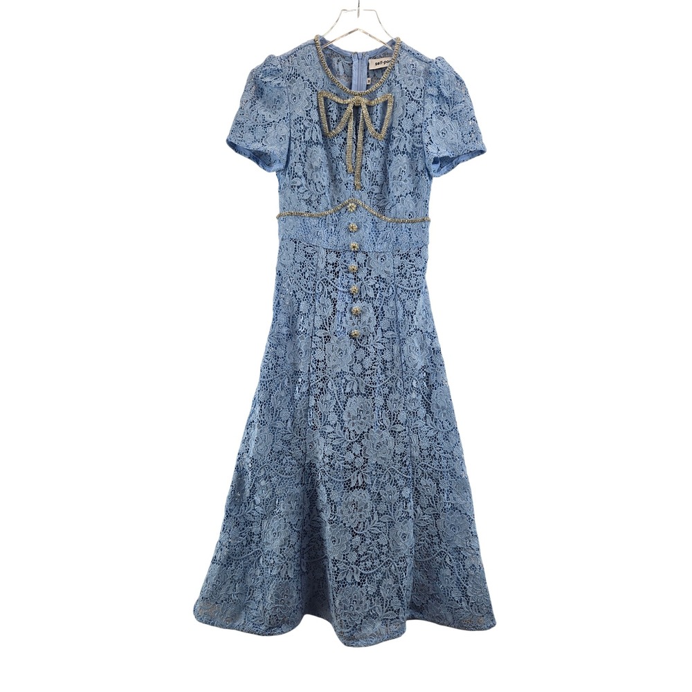 Self-Portrait Blue Guipure Lace Crystal Bow Midi Dress Womens XS Semi-Sheer